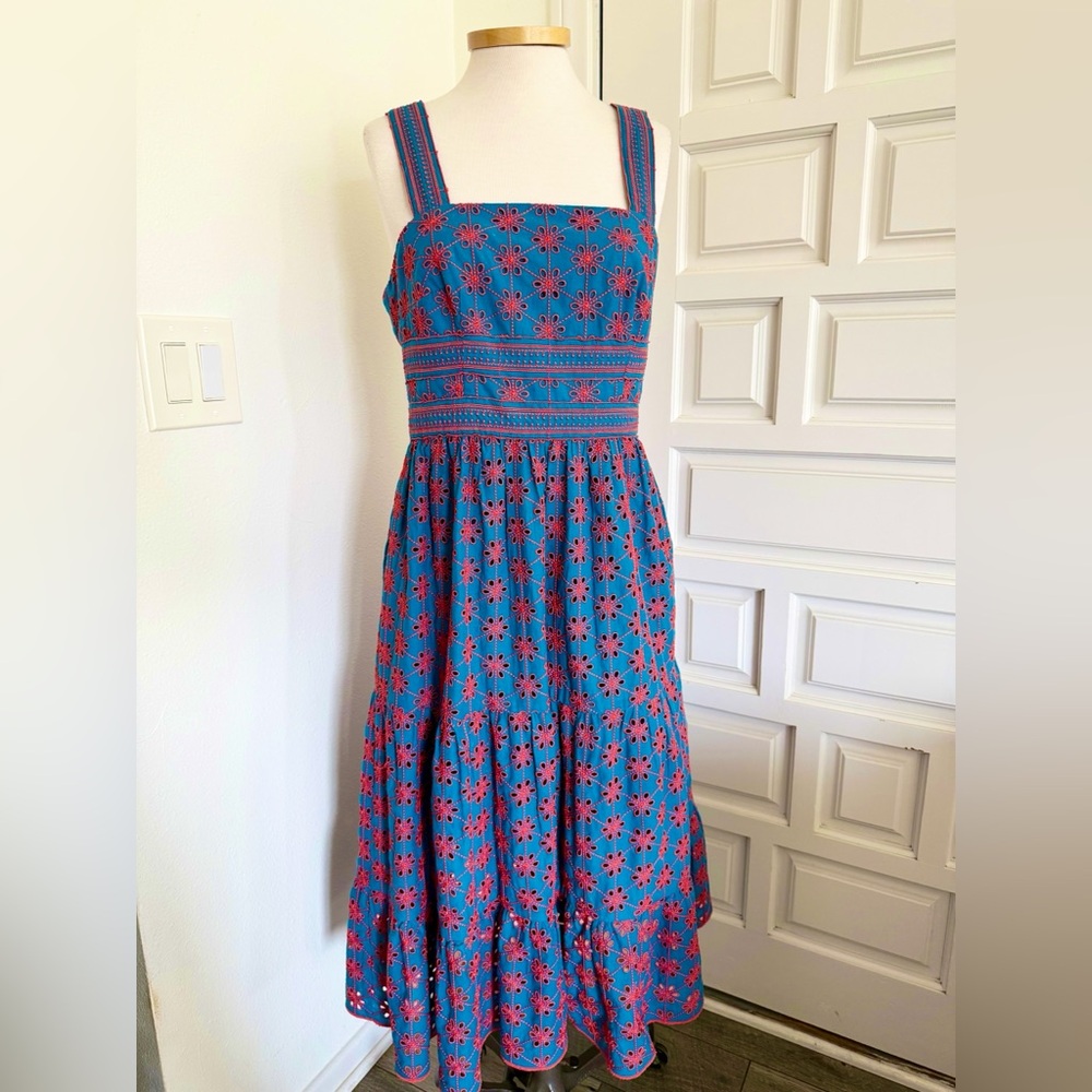 Shoshanna Midi Dress Blue Turquoise Orange Eyelet Floral Pattern Size 6